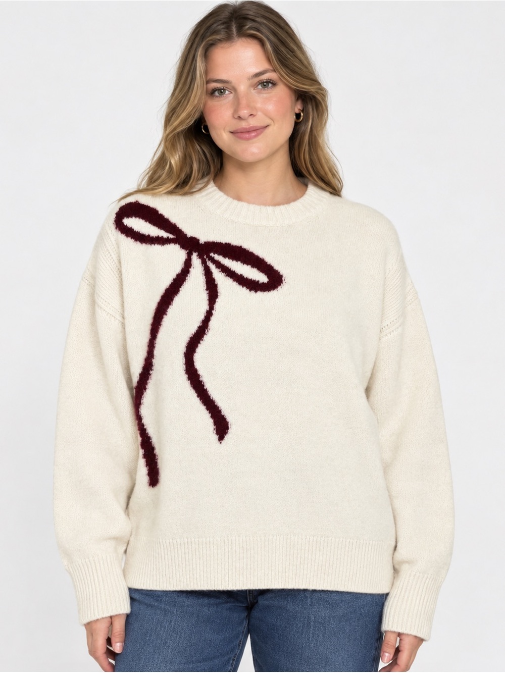 J. Crew Ivory Bow Merino Wool Blend Crewneck Sweater with Burgundy Bow Detail XL